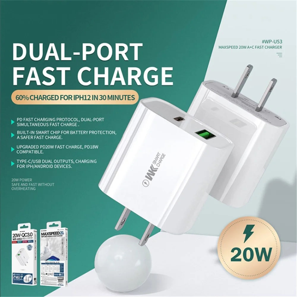 WEKOME WP-U53 20W PD Fast Charging Wall Charger USB-A + Type-C Dual Ports Travel Power Adapter - EU Plug - 3