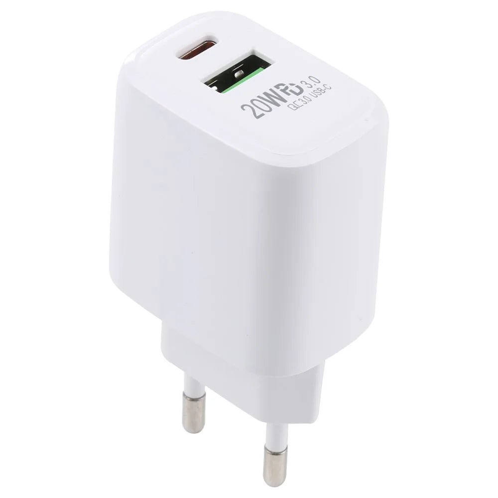 LZ-215A+C 20W QC3.0 USB + PD3.0 Type-C Dual Ports Fast Charging Travel Charger Power Adapter - EU Plug - 1