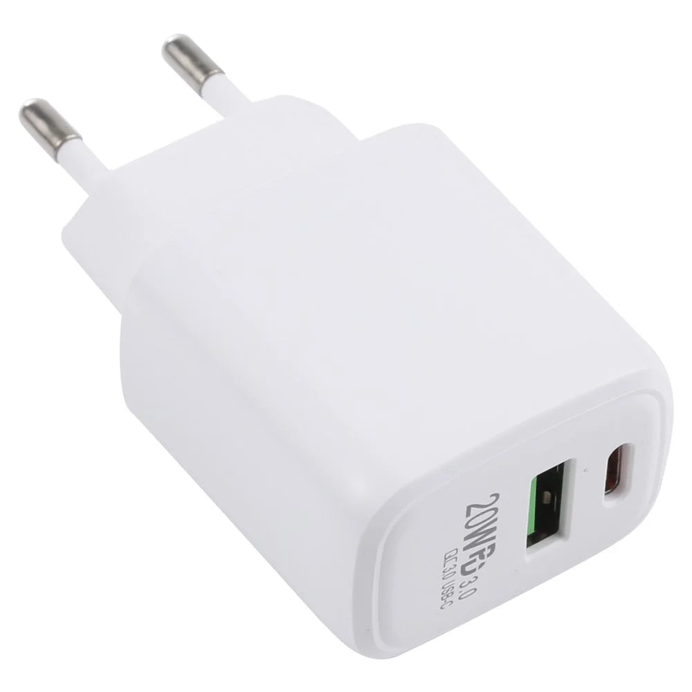 LZ-215A+C 20W QC3.0 USB + PD3.0 Type-C Dual Ports Fast Charging Travel Charger Power Adapter - EU Plug - 3