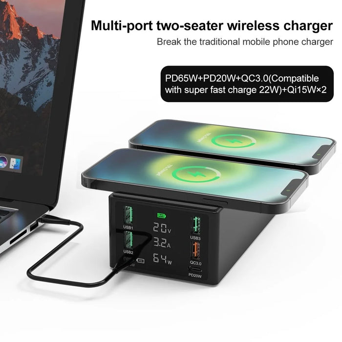 HHW-888W Dual Wireless Charging Dock USB-A USB-C QC3.0 PD Charger Hub LED Display Phone Tablet Laptop Fast Charging Station - Black/US Plug - 2