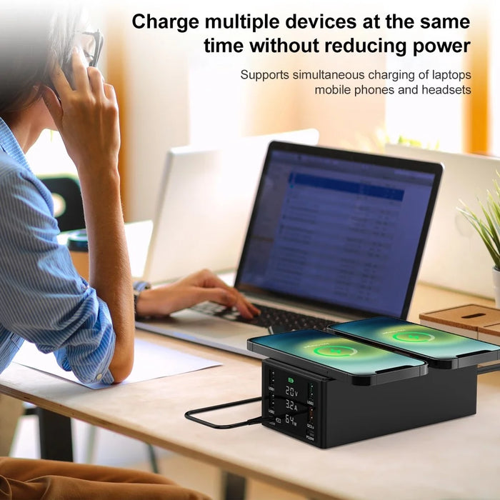 HHW-888W Dual Wireless Charging Dock USB-A USB-C QC3.0 PD Charger Hub LED Display Phone Tablet Laptop Fast Charging Station - Black/US Plug - 3