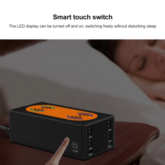 HHW-888W Dual Wireless Charging Dock USB-A USB-C QC3.0 PD Charger Hub LED Display Phone Tablet Laptop Fast Charging Station - Black/US Plug - 4