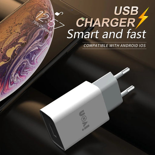 IVON AD-33 2.1A Mobile Phone USB Charger Travel Power Adapter Plug + 1m Micro USB Data Cable - EU Plug - 2
