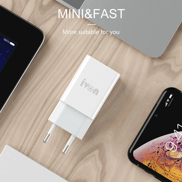 IVON AD-33 2.1A USB Charger Portable Travel Wall Adapter + 1m Type-C Data Cable - EU Plug - 5