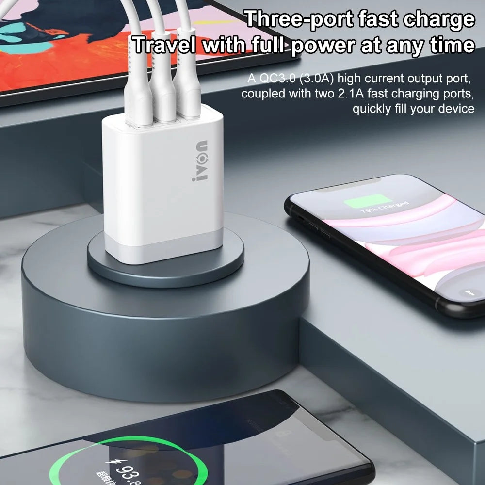 IVON AD37 For iPhone Xiaomi Huawei OPPO 3 USB Ports Quick Charge 3.0 Fast Charge Charger Travel Power Adapter, US Plug - 2