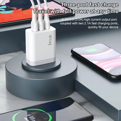 IVON AD37 For iPhone Xiaomi Huawei OPPO 3 USB Ports Quick Charge 3.0 Fast Charge Charger Travel Power Adapter, US Plug - 2