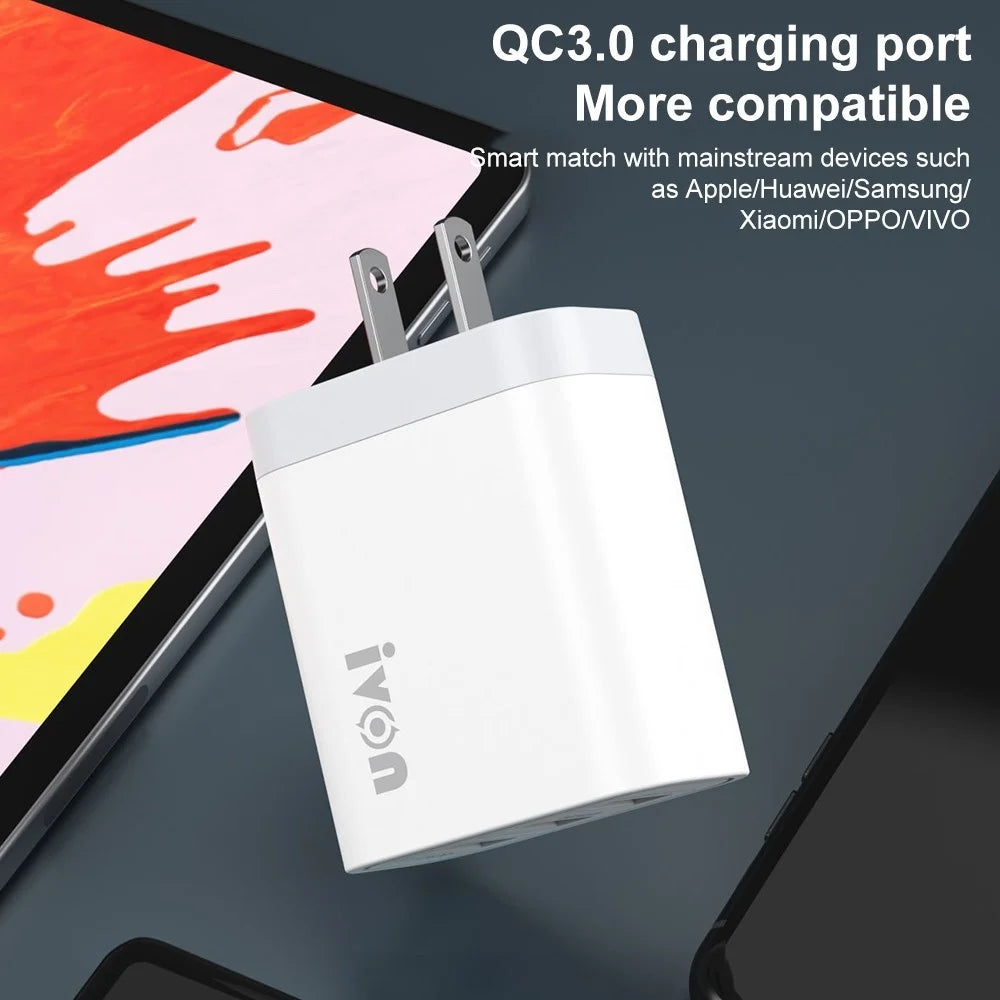 IVON AD37 For iPhone Xiaomi Huawei OPPO 3 USB Ports Quick Charge 3.0 Fast Charge Charger Travel Power Adapter, US Plug - 3
