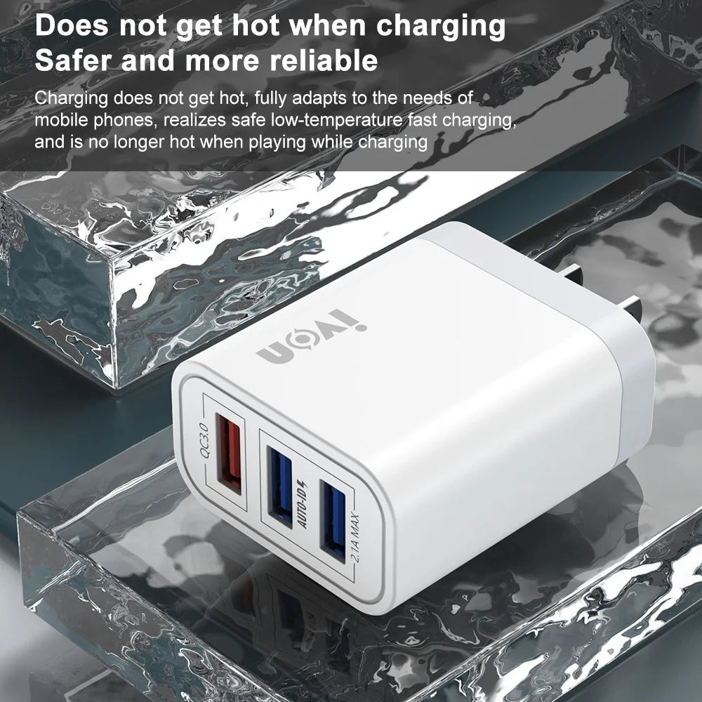 IVON AD37 For iPhone Xiaomi Huawei OPPO 3 USB Ports Quick Charge 3.0 Fast Charge Charger Travel Power Adapter, US Plug - 5