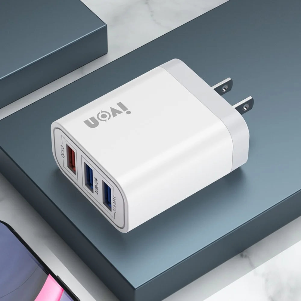 IVON AD37 For iPhone Xiaomi Huawei OPPO 3 USB Ports Quick Charge 3.0 Fast Charge Charger Travel Power Adapter, US Plug - 7