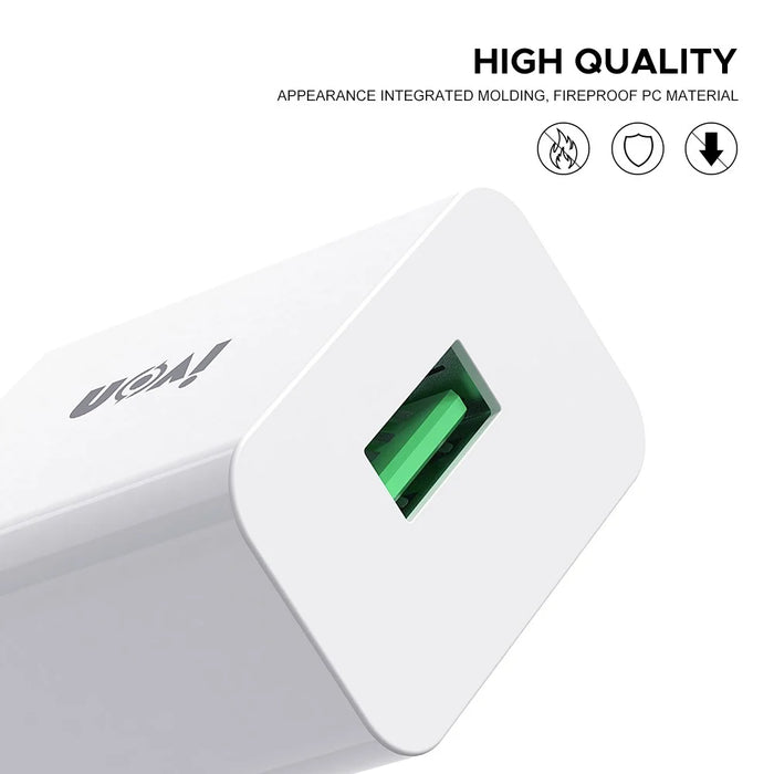 IVON AD-35 3A High Current Fast Charger Travel Power Adapter QC3.0 USB Wall Charger + 1m Micro USB Data Cable - EU Plug - 3