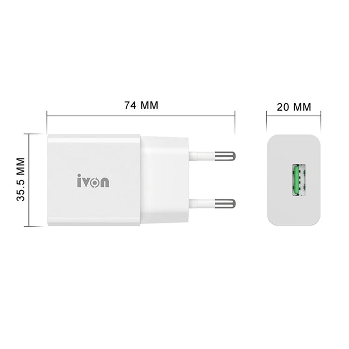 IVON AD-35 3A Fast Charging Travel Power Adapter QC3.0 USB Wall Charger + 1m Type-C Data Cable - EU Plug - 6
