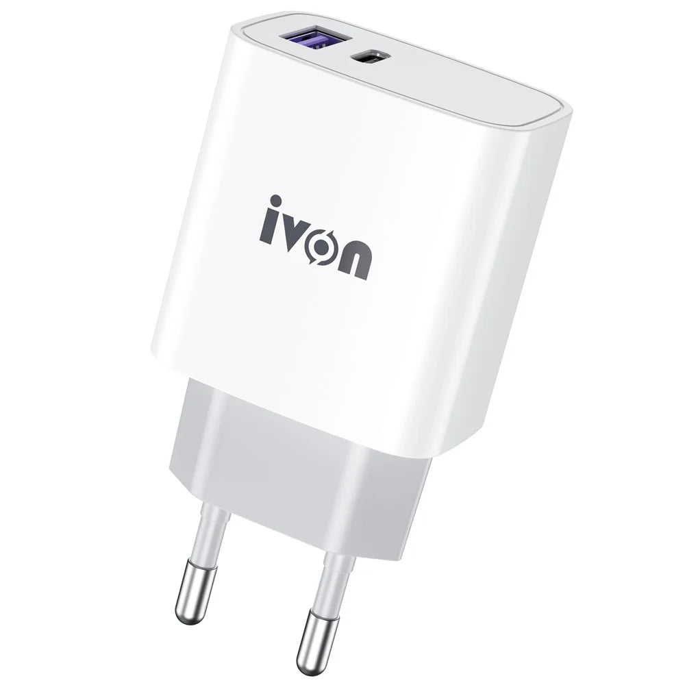 IVON AD52 Portable 18W PD Charger Type-C + USB Dual Ports Power Adapter - EU Plug - 1