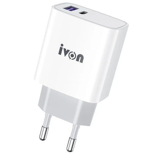 IVON AD52 Portable 18W PD Charger Type-C + USB Dual Ports Power Adapter - EU Plug - 1