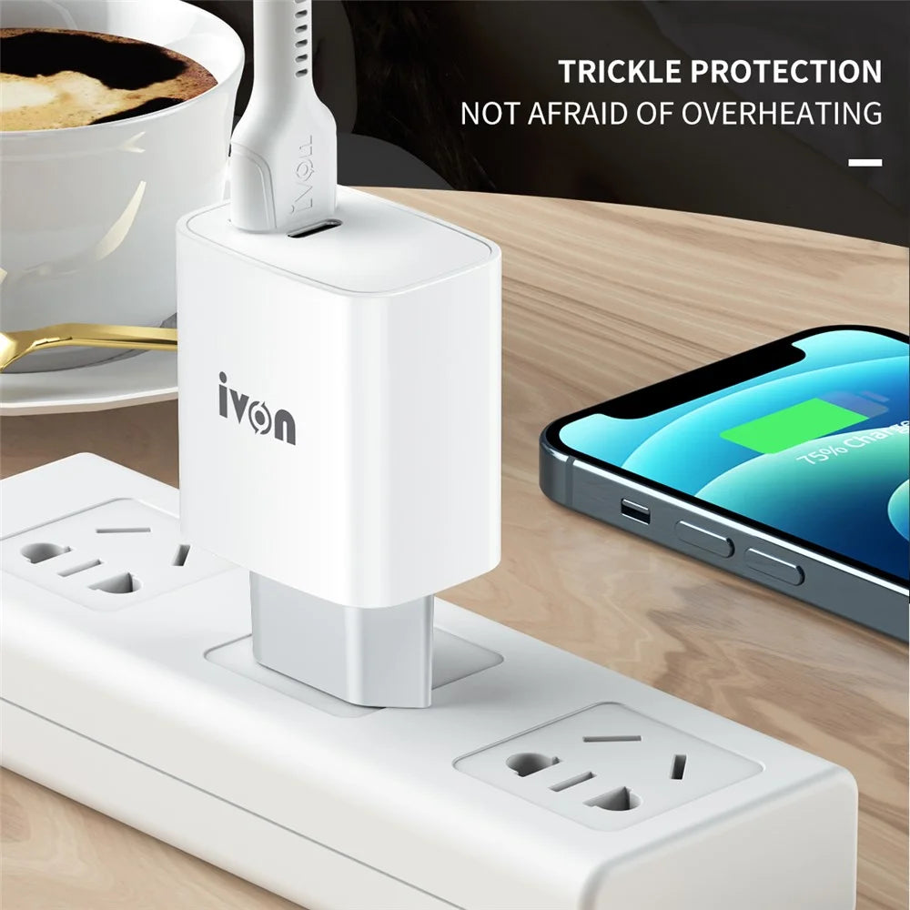IVON AD52 Portable 18W PD Charger Type-C + USB Dual Ports Power Adapter - EU Plug - 2