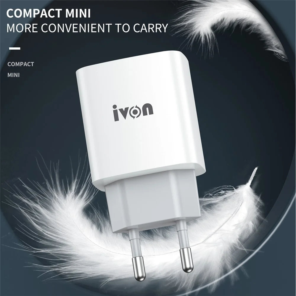 IVON AD52 Portable 18W PD Charger Type-C + USB Dual Ports Power Adapter - EU Plug - 3