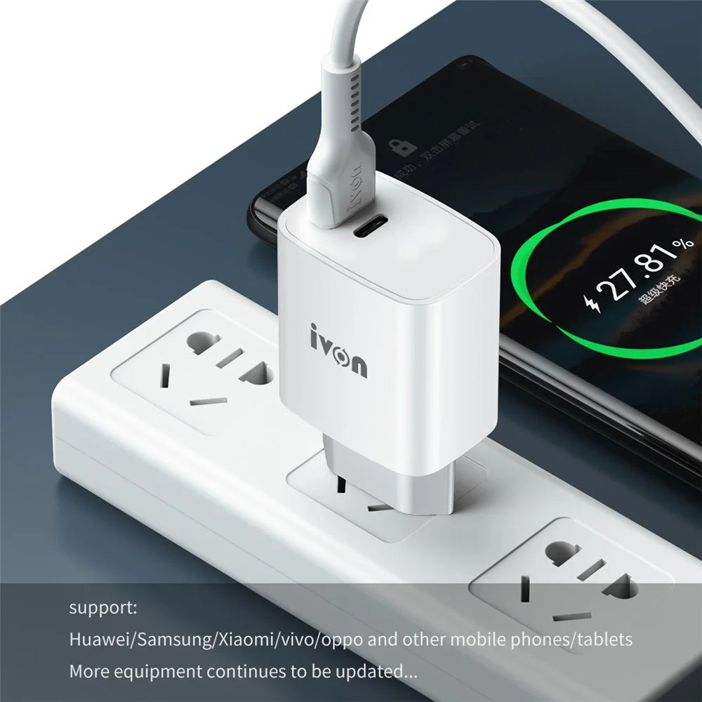 IVON AD52 Portable 18W PD Charger Type-C + USB Dual Ports Power Adapter - EU Plug - 5