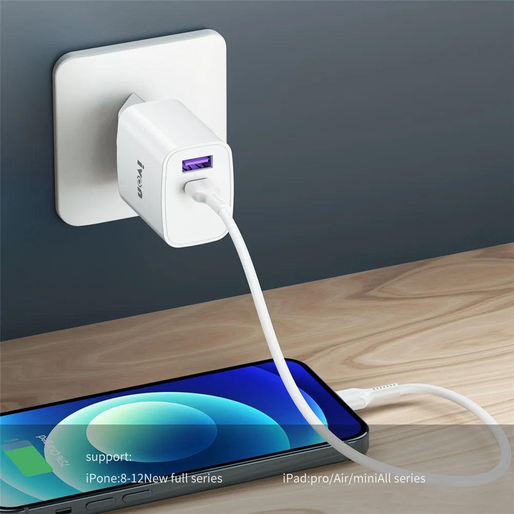 IVON AD52 Portable 18W PD Charger Type-C + USB Dual Ports Power Adapter - EU Plug - 6