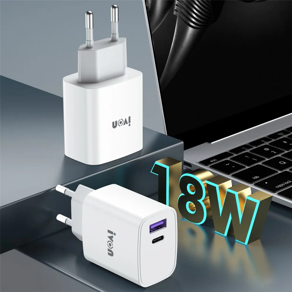 IVON AD52 Portable 18W PD Charger Type-C + USB Dual Ports Power Adapter - EU Plug - 7