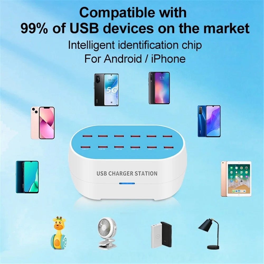 830-12 120W AC100-240V 12 Ports USB Smart Charger Phone Tablet Fan Lamp Charging Dock Splitter Station - US Plug - 2