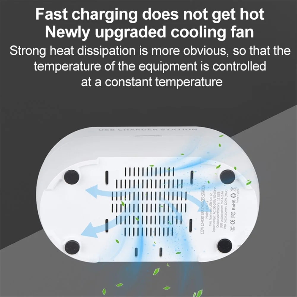 830-12 120W AC100-240V 12 Ports USB Smart Charger Phone Tablet Fan Lamp Charging Dock Splitter Station - US Plug - 3