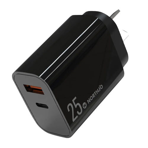 NORTHJO NOPD250602AU USB QC3.0 + Type-C PD 25W Fast Charging Adapter Dual Port Wall Charger - AU Plug/Black - 1