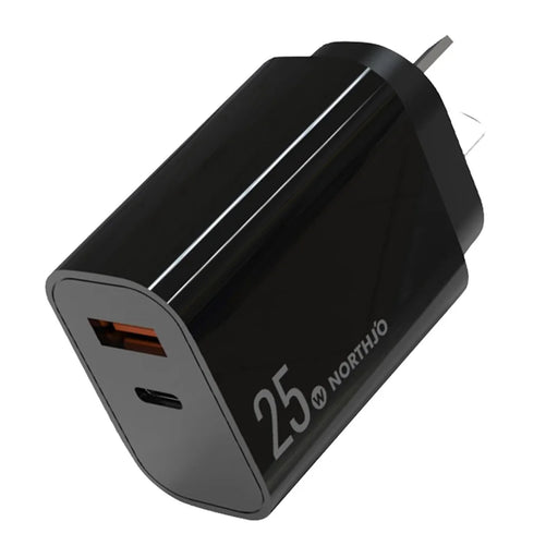 NORTHJO NOPD250602AU USB QC3.0 + Type-C PD 25W Fast Charging Adapter Dual Port Wall Charger - AU Plug/Black - 1