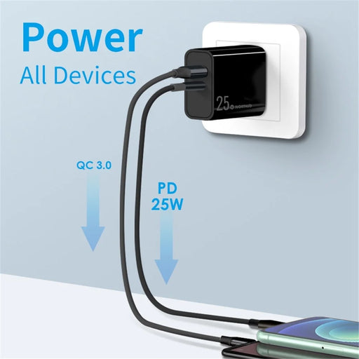 NORTHJO NOPD250602AU USB QC3.0 + Type-C PD 25W Fast Charging Adapter Dual Port Wall Charger - AU Plug/Black - 2