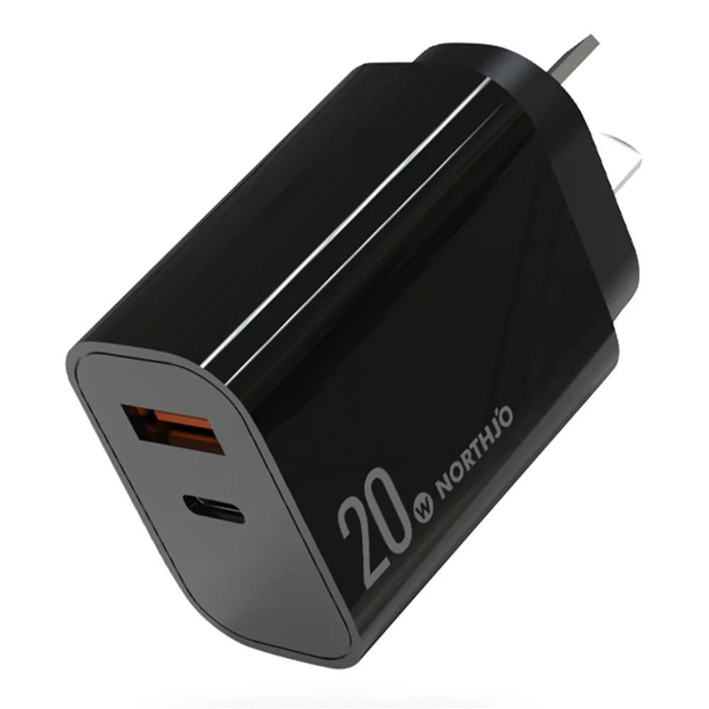 NORTHJO NOPD200602AU USB A + Type-C PD 20W  QC3.0 Fast Charger Dual Ports Power Adapter - AU Plug/Black - 1
