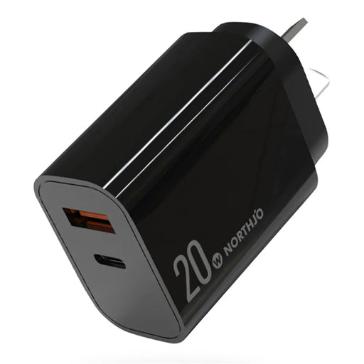 NORTHJO NOPD200602AU USB A + Type-C PD 20W  QC3.0 Fast Charger Dual Ports Power Adapter - AU Plug/Black - 1