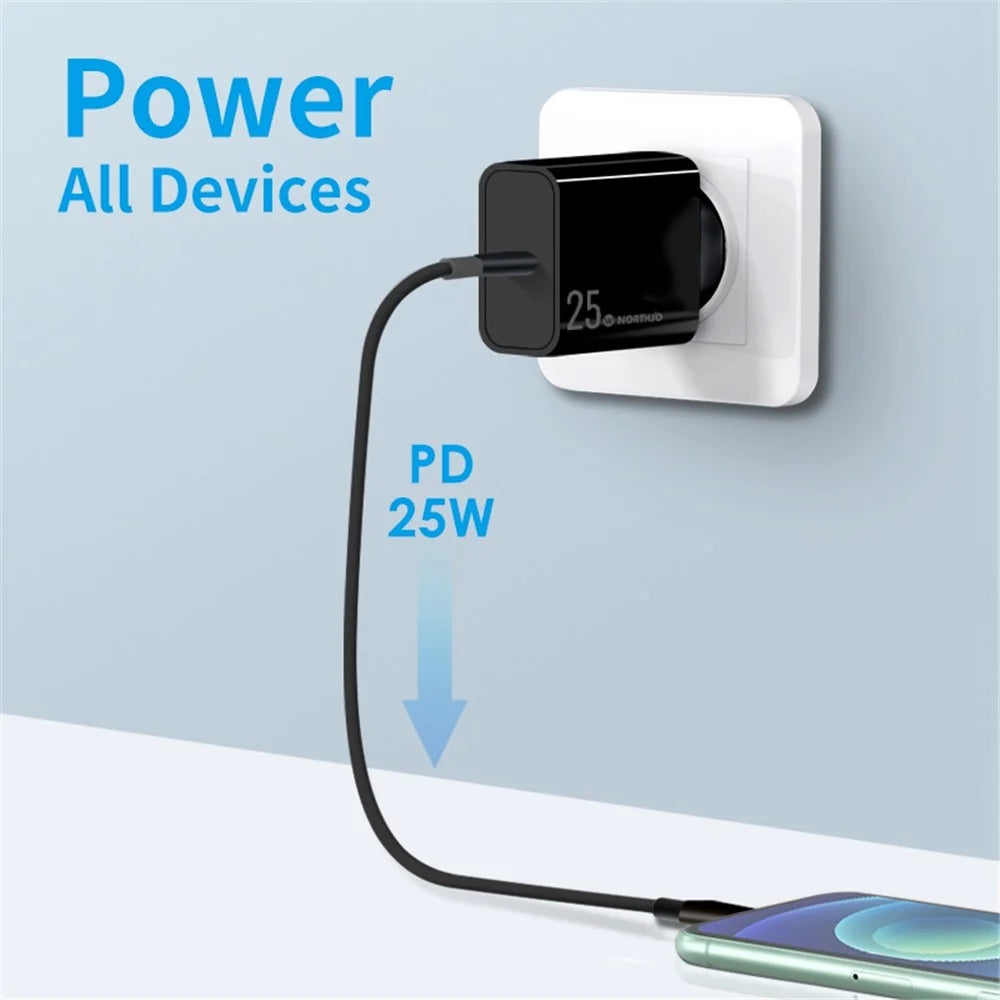 NORTHJO NOPD250601EU PD 25W Fast Type C Charger USB C Charger Block for Samsung iPhone iPad - EU Plug/Black - 2