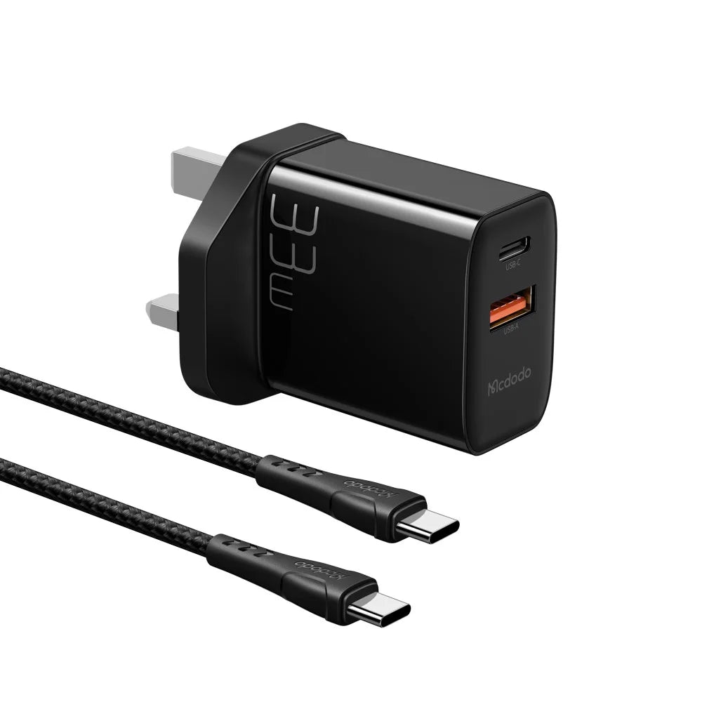MCDODO MDD PD33W PD Dual Output Fast Compatible Charger Set USB A+USB C Charger Adapter Block with Type-C to Type-C Cable - UK Plug - 1