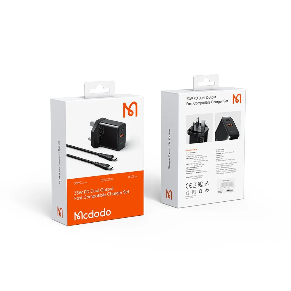 MCDODO MDD PD33W PD Dual Output Fast Compatible Charger Set USB A+USB C Charger Adapter Block with Type-C to Type-C Cable - UK Plug - 7
