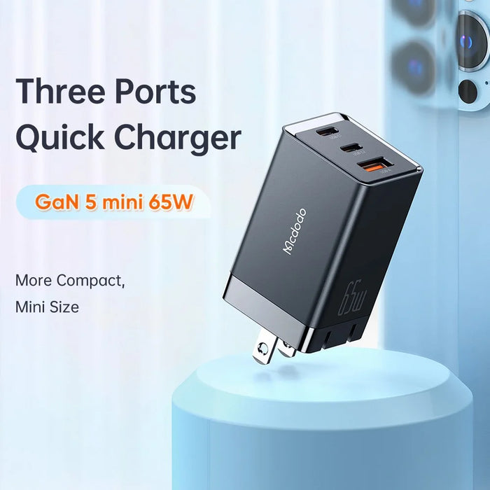MCDODO MDD 65W GaN5 Mini Fast Charger USB + Dual Type-C Travel Power Adapter - US Plug - 3