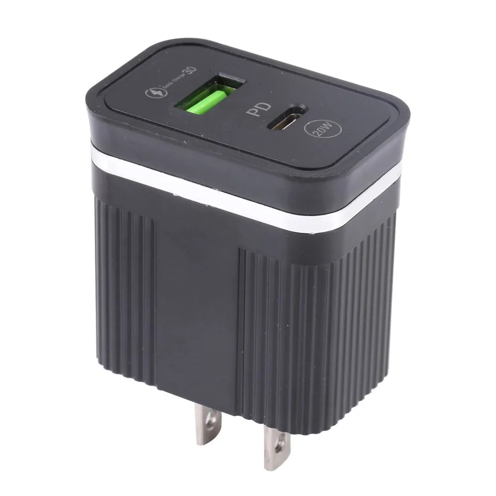 46-A2C2 20W PD + QC3.0 USB Fast Charger Type-C / USB-A Dual Port Power Adapter - US Plug / Black - 4