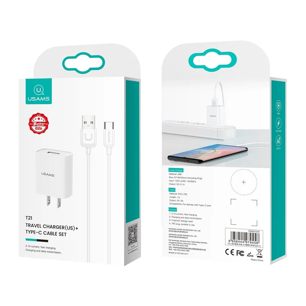USAMS T21 Fast Charger Adapter Portable Wall Charger Block Mini Travel Charger Set with Type-C Cable for Samsung, Huawei (US Plug) - 4