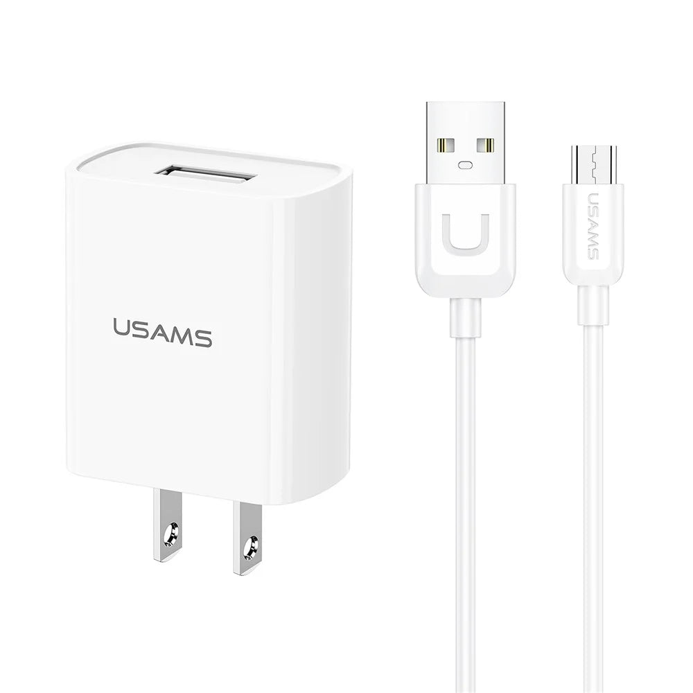 USAMS T21 Single USB Port Travel Wall Charger US Plug Power Adapter with Micro Cable - White - 1