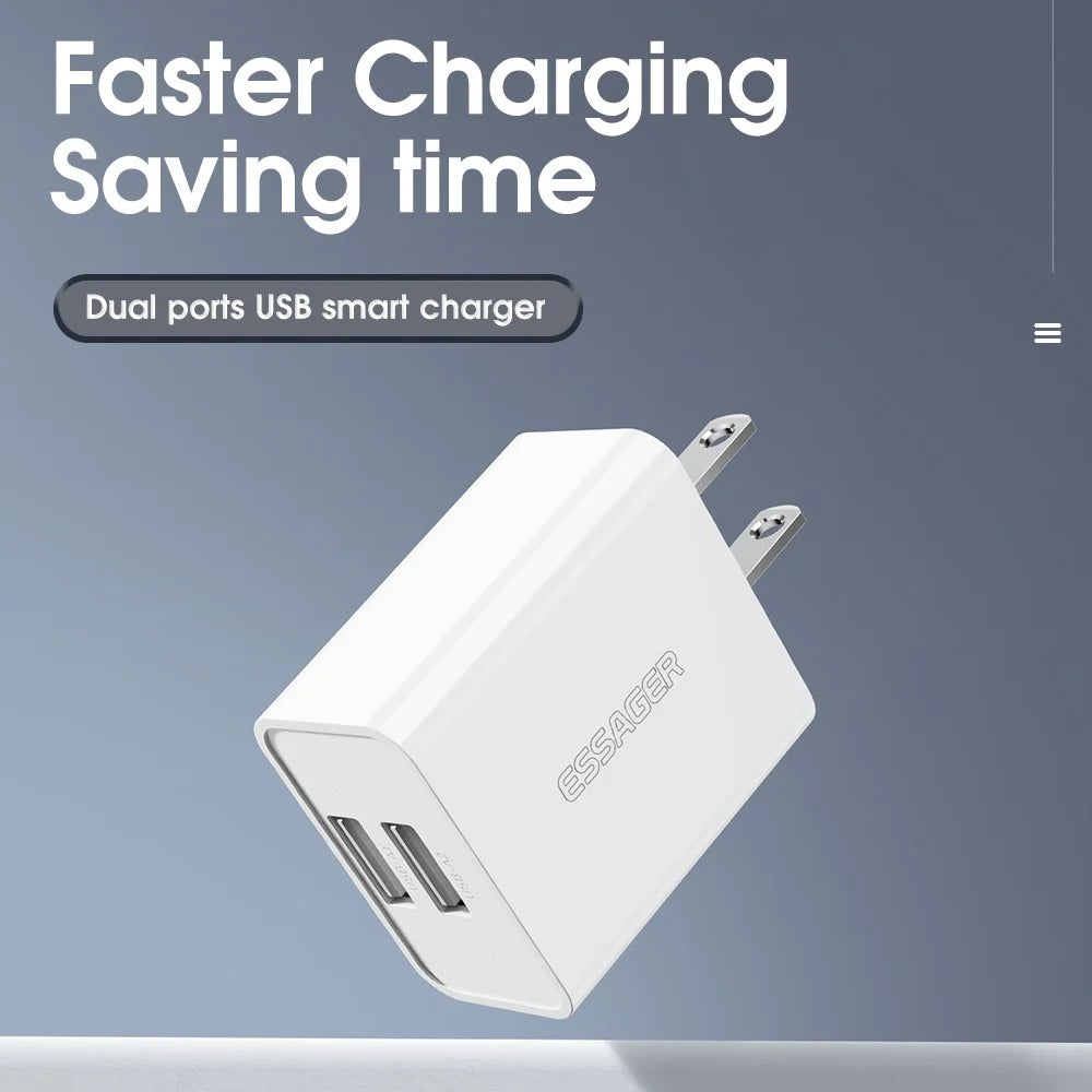 ESSAGER 2A 10W High Power Travel Charger Dual Ports USB Smart Charger, US Plug / White - 2