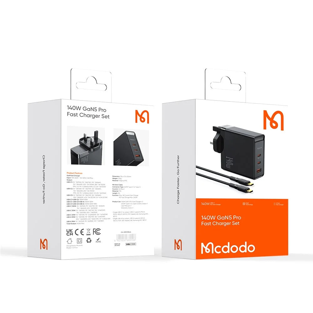 MCDODO CH-29 MDD 140W GaN 5 3 Ports Type-C to Type-C Charger Fast Charging Phone Wall Charger Adapter - UK Plug - 7