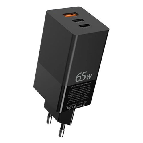 i10 65W Fast Charging GaN Charger 2x Type-C + 1x USB-A PD QC 3.0 Charging Adapter - EU Plug - 1