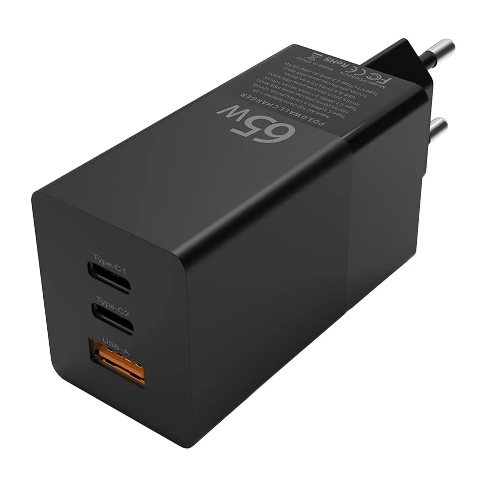i10 65W Fast Charging GaN Charger 2x Type-C + 1x USB-A PD QC 3.0 Charging Adapter - EU Plug - 2