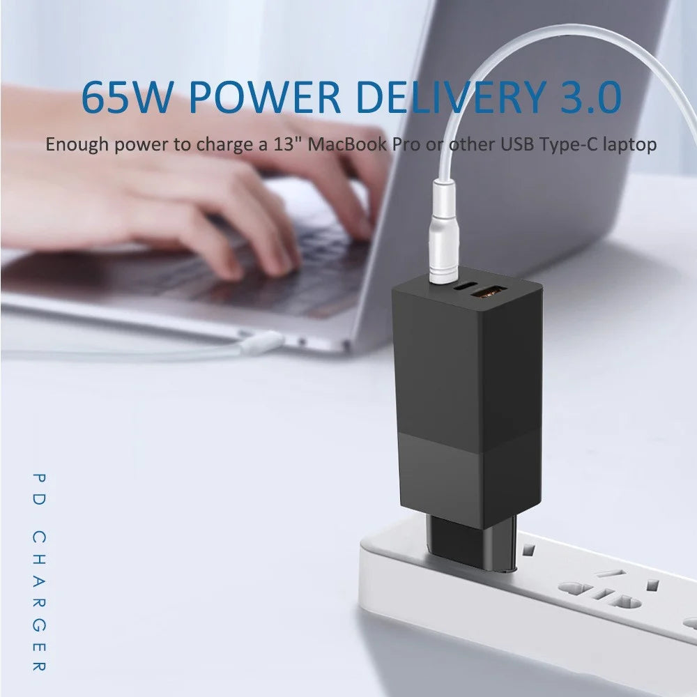 i10 65W Fast Charging GaN Charger 2x Type-C + 1x USB-A PD QC 3.0 Charging Adapter - EU Plug - 3