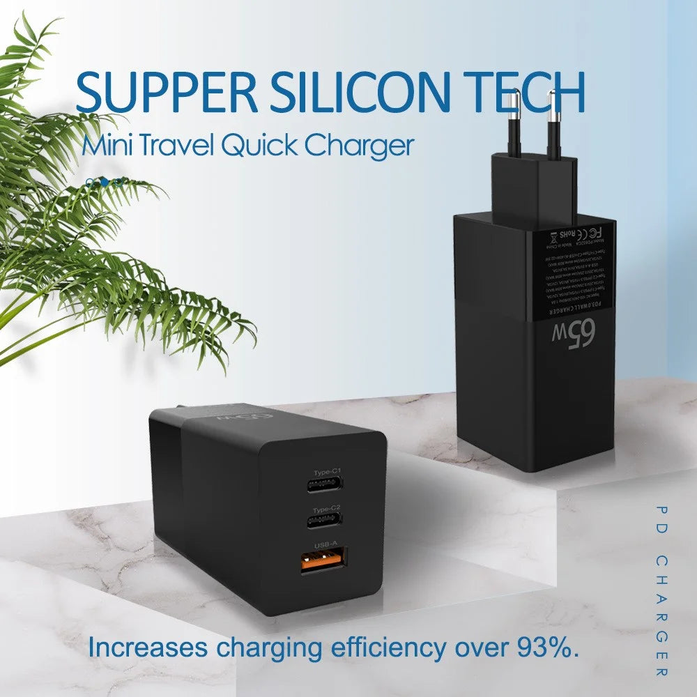 i10 65W Fast Charging GaN Charger 2x Type-C + 1x USB-A PD QC 3.0 Charging Adapter - EU Plug - 5