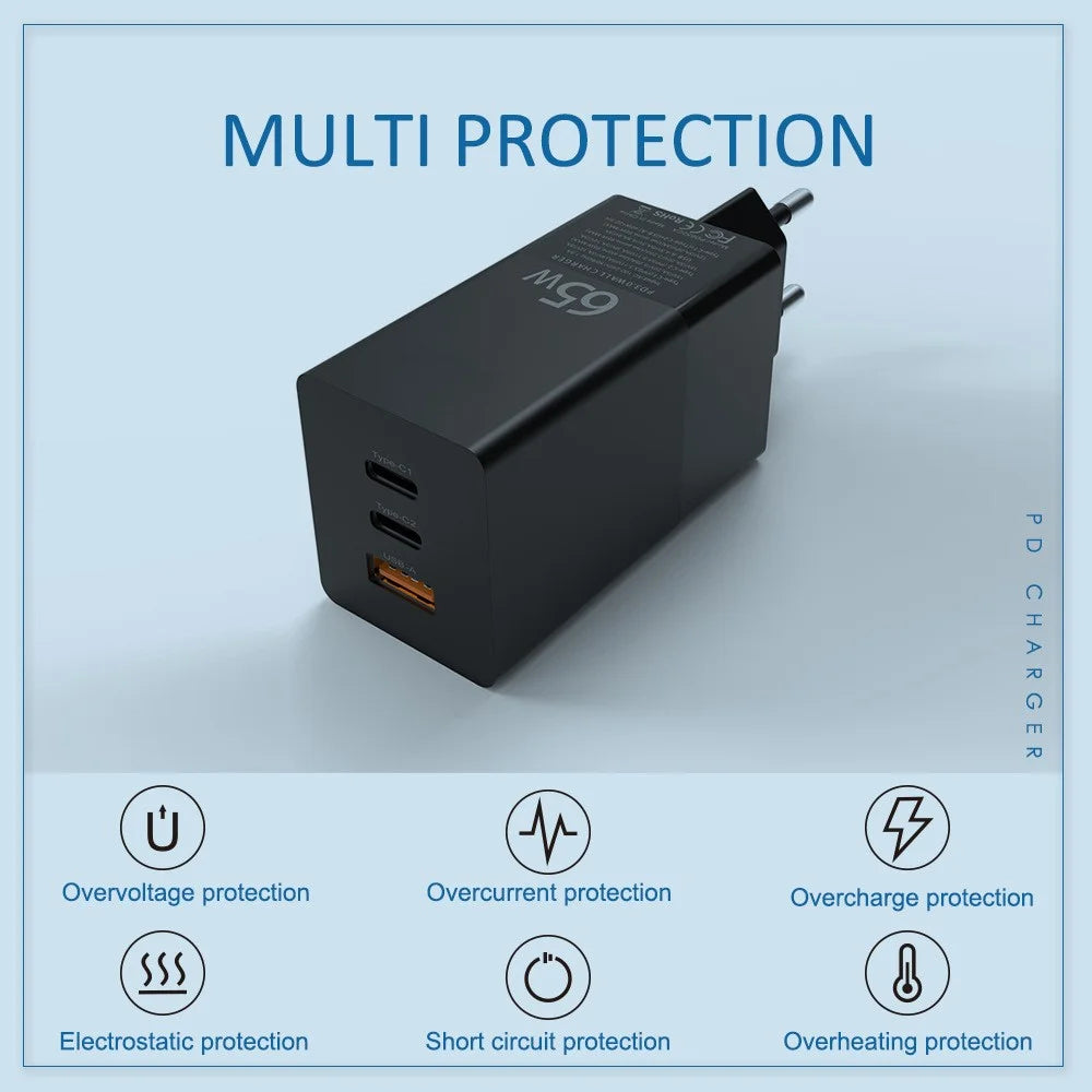 i10 65W Fast Charging GaN Charger 2x Type-C + 1x USB-A PD QC 3.0 Charging Adapter - EU Plug - 6