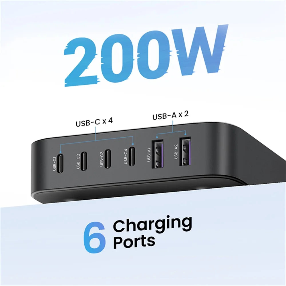 UGREEN 200W 4 USB-C + 2 USB-A GaN Fast Charger Set Multi-Port Desktop Charger with 1m 100W Cable + 1.5m Power Cable - 2