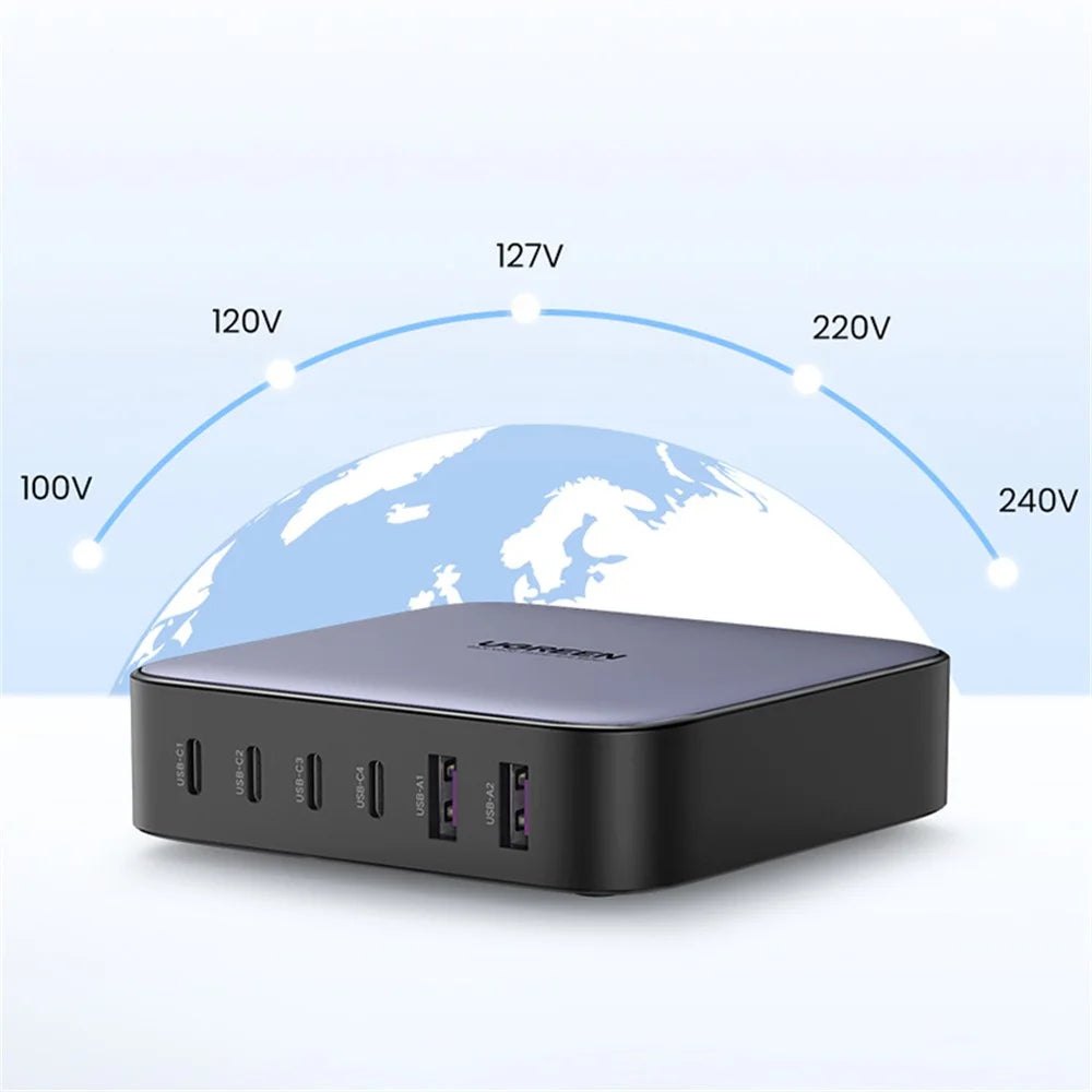 UGREEN 200W 4 USB-C + 2 USB-A GaN Fast Charger Set Multi-Port Desktop Charger with 1m 100W Cable + 1.5m Power Cable - 3