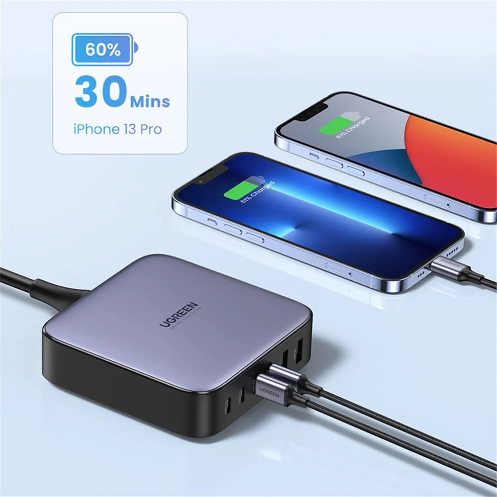 UGREEN 200W 4 USB-C + 2 USB-A GaN Fast Charger Set Multi-Port Desktop Charger with 1m 100W Cable + 1.5m Power Cable - 6