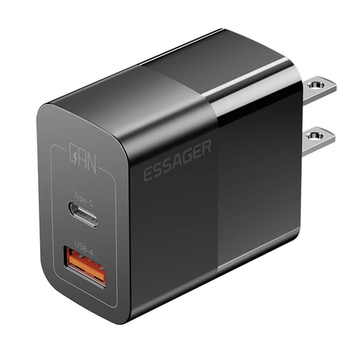 ESSAGER 33W USB-A + Type-C Fast Charging Adapter GaN Dual Port Wall Charger - US Plug / Black - 1