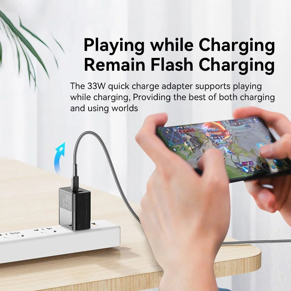ESSAGER 33W USB-A + Type-C Fast Charging Adapter GaN Dual Port Wall Charger - US Plug / Black - 2