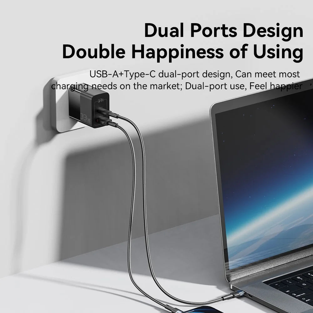 ESSAGER 33W USB-A + Type-C Fast Charging Adapter GaN Dual Port Wall Charger - US Plug / Black - 3