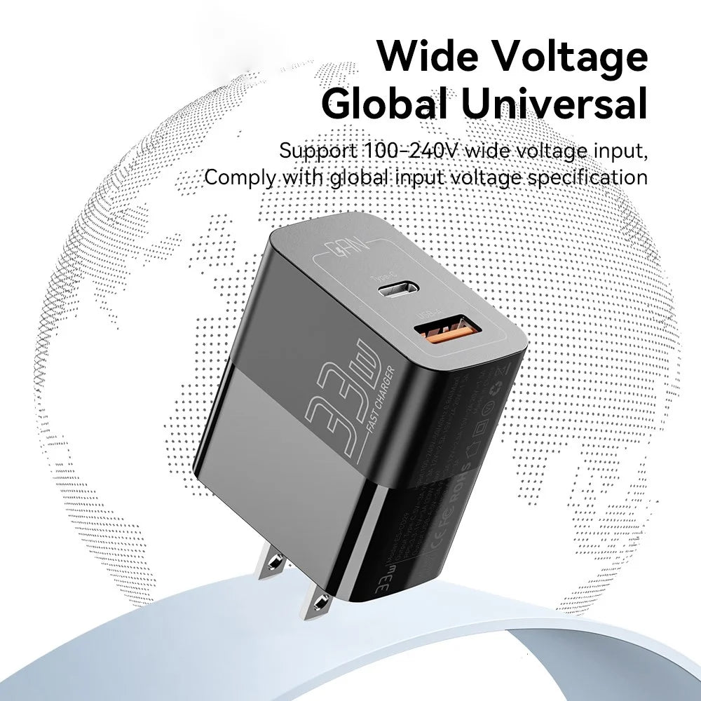 ESSAGER 33W USB-A + Type-C Fast Charging Adapter GaN Dual Port Wall Charger - US Plug / Black - 5